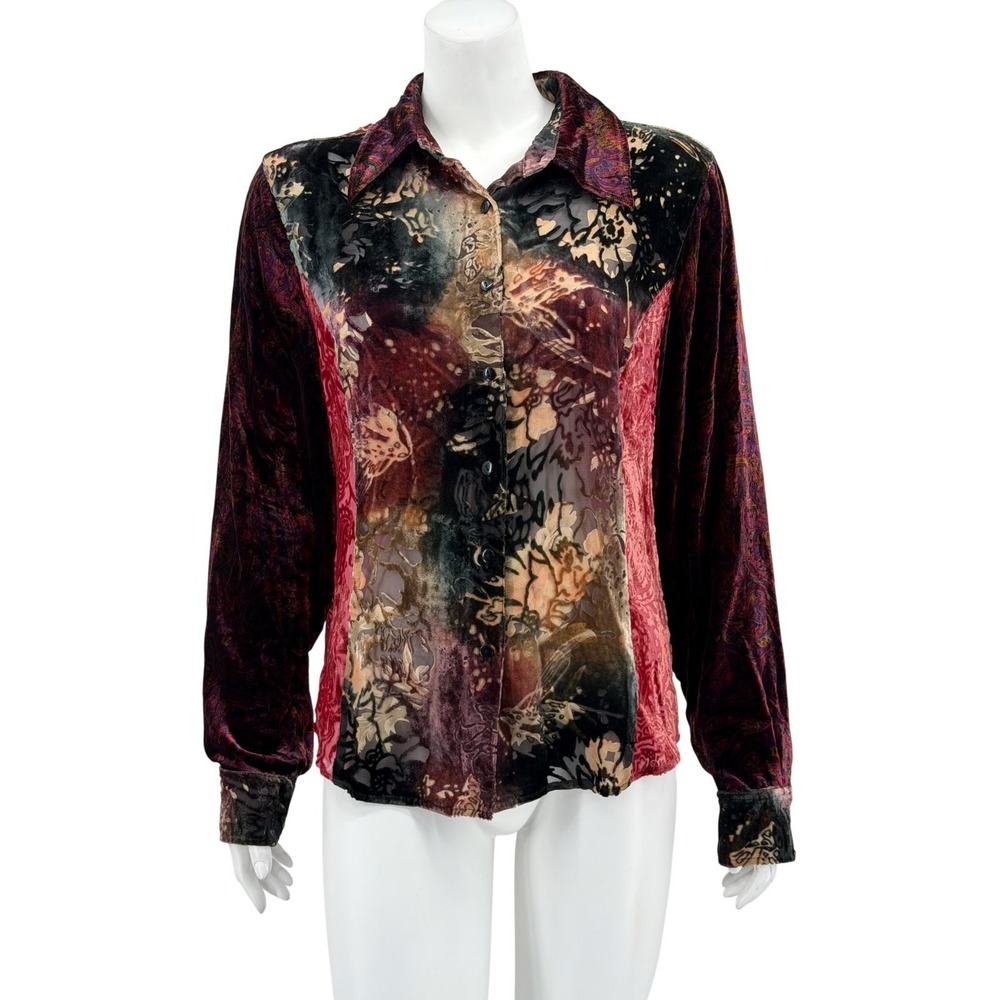 Coldwater Creek Top Womens Large Red Velvet Burnout Boho Whimsigoth Autumn Vamp